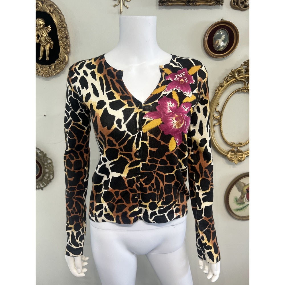 Charlotte Vintage Y2K Animal Giraffe Print Floral Knit Cardigan Sweater Size S